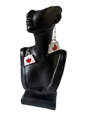 Canada Maple Leaf, Red, white and  Pink Purse Dangle Earrings. 1 pair.